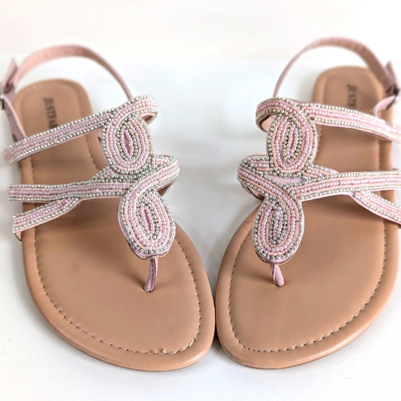 Flawed JustFab Stasha Bohemian Flat Thong Sandals Ankle Strap Pink Silver- sz 10 - Picture 6 of 13